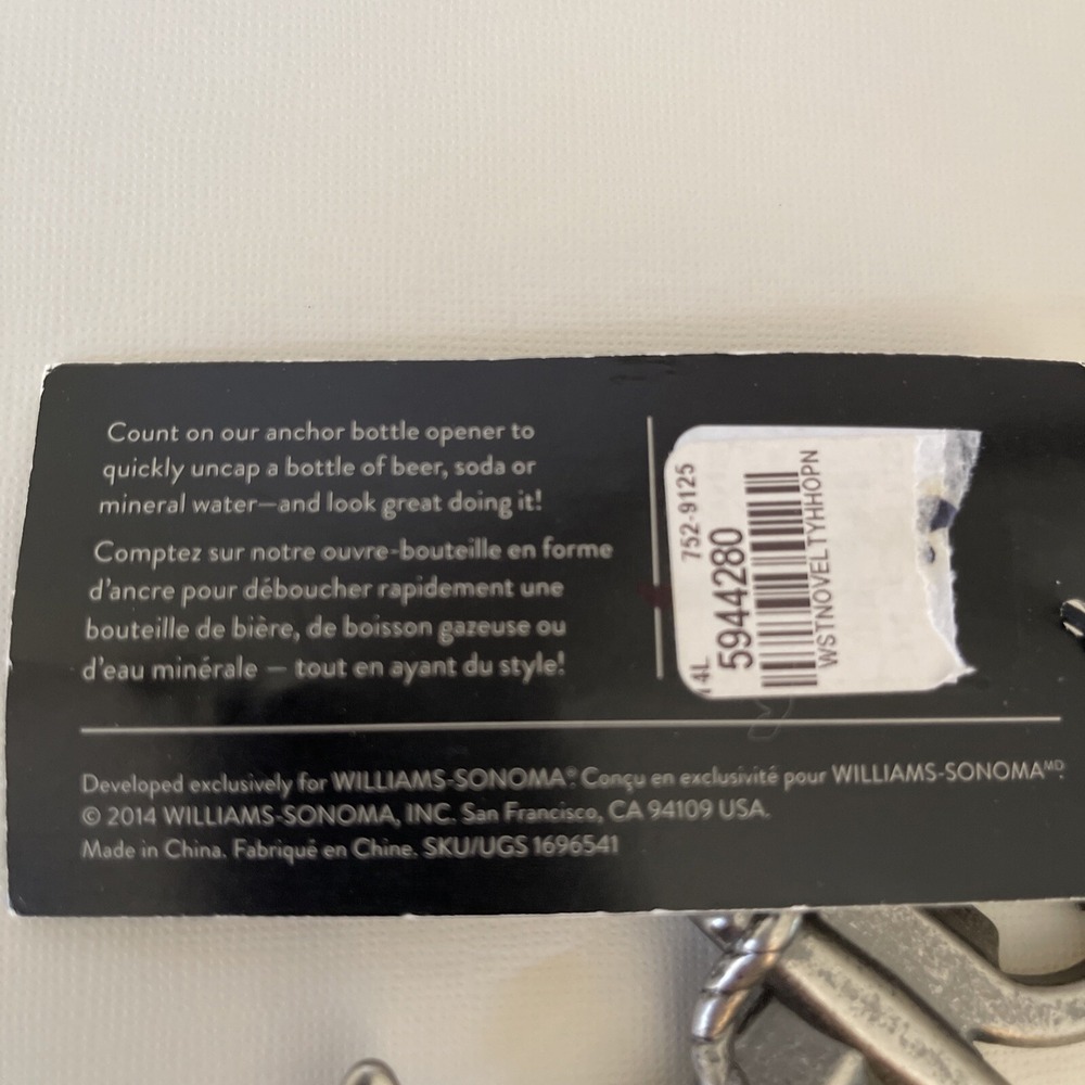 Williams Sonoma Anchor Bottle Opener Nautical Coastal Handheld Beer Barware New - Picture 2 of 3